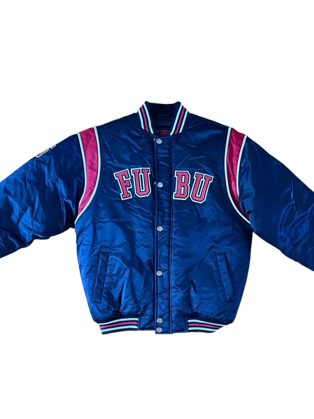 FUBU Mens Vintage Blue and Red Bomber Jacket